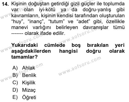 Yaşam Boyu Büyüme ve Gelişim Dersi 2019 - 2020 Yılı (Vize) Ara Sınavı 14. Soru