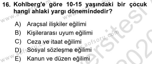 Yaşam Boyu Büyüme ve Gelişim Dersi 2019 - 2020 Yılı (Vize) Ara Sınavı 16. Soru