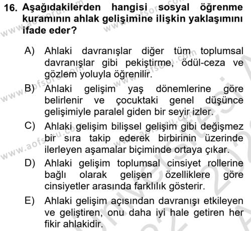 Yaşam Boyu Büyüme ve Gelişim Dersi 2022 - 2023 Yılı (Vize) Ara Sınavı 16. Soru