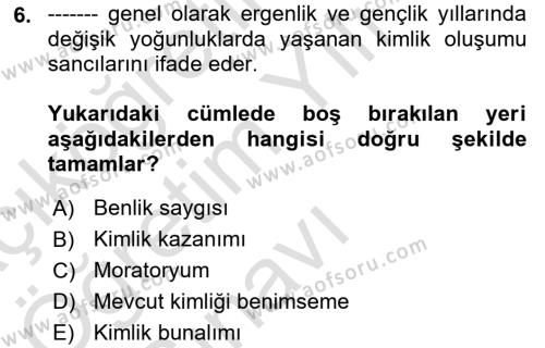 Yaşam Boyu Büyüme ve Gelişim Dersi 2022 - 2023 Yılı Yaz Okulu Sınavı 6. Soru