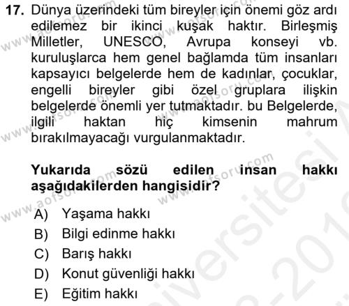 Engelli Mevzuatı ve Meslek Etiği Dersi 2018 - 2019 Yılı (Vize) Ara Sınavı 17. Soru