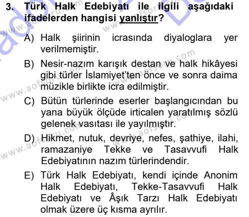 Halk Edebiyatına Giriş 1 Dersi 2012 - 2013 Yılı (Final) Dönem Sonu Sınavı 3. Soru