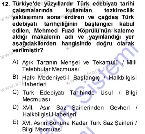 Halk Edebiyatına Giriş 1 Dersi 2013 - 2014 Yılı (Vize) Ara Sınavı 12. Soru