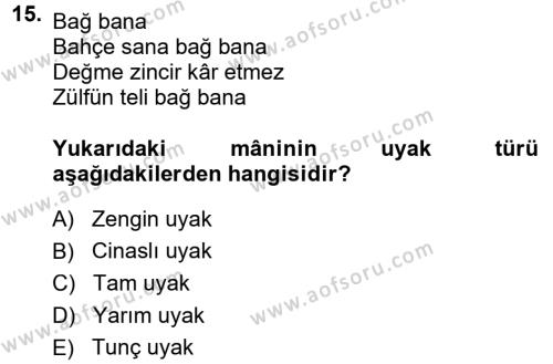 Halk Edebiyatına Giriş 1 Dersi 2013 - 2014 Yılı (Vize) Ara Sınavı 15. Soru