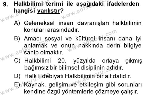 Halk Edebiyatına Giriş 1 Dersi 2014 - 2015 Yılı (Vize) Ara Sınavı 9. Soru