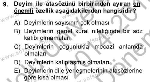 Halk Edebiyatına Giriş 1 Dersi 2014 - 2015 Yılı (Final) Dönem Sonu Sınavı 9. Soru