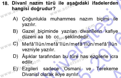 Halk Edebiyatına Giriş 1 Dersi 2015 - 2016 Yılı (Vize) Ara Sınavı 18. Soru