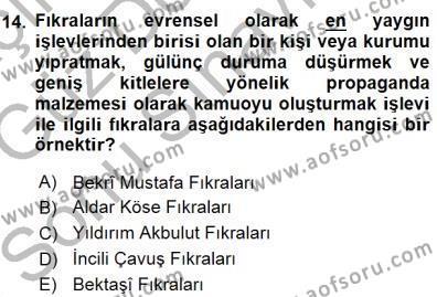 Halk Edebiyatına Giriş 1 Dersi 2015 - 2016 Yılı (Final) Dönem Sonu Sınavı 14. Soru