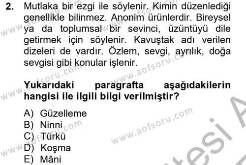 Halk Edebiyatına Giriş 2 Dersi 2012 - 2013 Yılı (Vize) Ara Sınavı 2. Soru