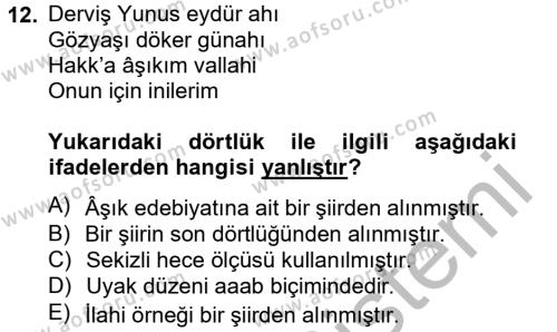 Halk Edebiyatına Giriş 2 Dersi 2012 - 2013 Yılı (Final) Dönem Sonu Sınavı 12. Soru