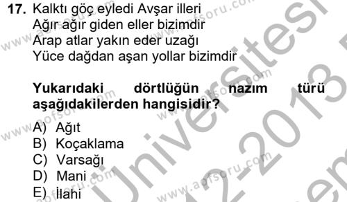 Halk Edebiyatına Giriş 2 Dersi 2012 - 2013 Yılı (Final) Dönem Sonu Sınavı 17. Soru