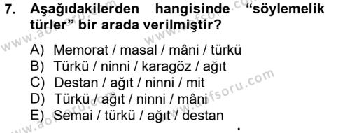 Halk Edebiyatına Giriş 2 Dersi 2013 - 2014 Yılı (Vize) Ara Sınavı 7. Soru