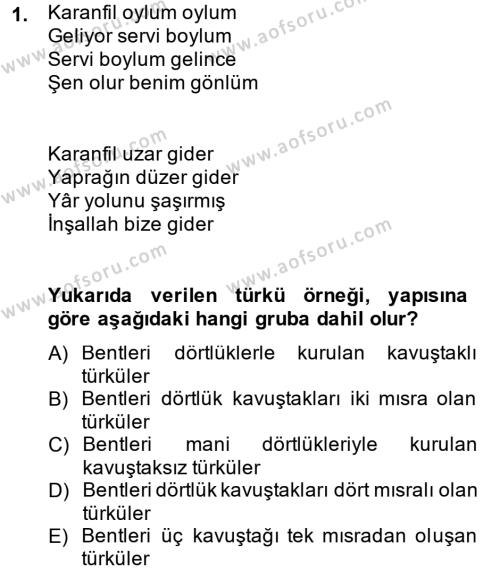 Halk Edebiyatına Giriş 2 Dersi 2014 - 2015 Yılı (Vize) Ara Sınavı 1. Soru