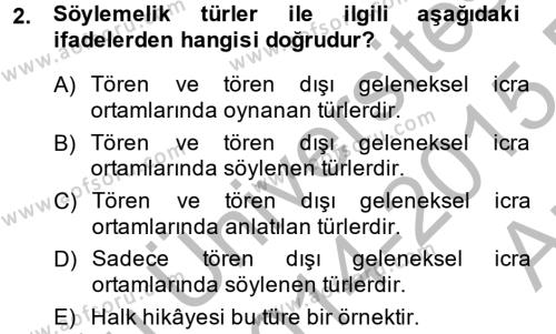 Halk Edebiyatına Giriş 2 Dersi 2014 - 2015 Yılı (Vize) Ara Sınavı 2. Soru