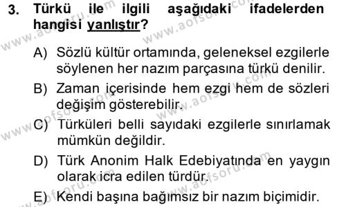 Halk Edebiyatına Giriş 2 Dersi 2014 - 2015 Yılı (Vize) Ara Sınavı 3. Soru