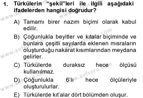 Halk Edebiyatına Giriş 2 Dersi 2014 - 2015 Yılı (Final) Dönem Sonu Sınavı 1. Soru