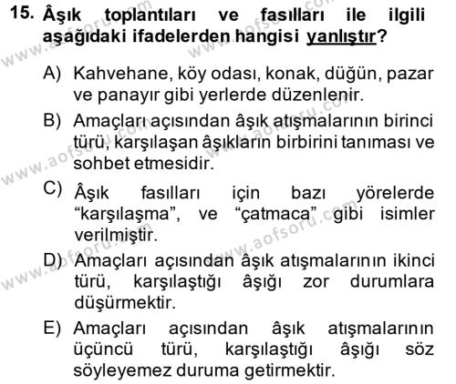 Halk Edebiyatına Giriş 2 Dersi 2014 - 2015 Yılı (Final) Dönem Sonu Sınavı 15. Soru