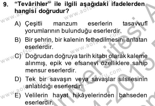 Halk Edebiyatına Giriş 2 Dersi 2014 - 2015 Yılı (Final) Dönem Sonu Sınavı 9. Soru