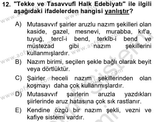 Halk Edebiyatına Giriş 2 Dersi 2015 - 2016 Yılı (Final) Dönem Sonu Sınavı 12. Soru