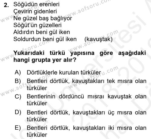 Halk Edebiyatına Giriş 2 Dersi 2018 - 2019 Yılı (Vize) Ara Sınavı 2. Soru