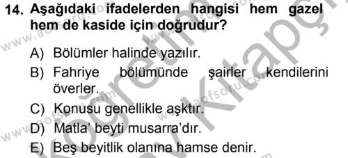 Eski Türk Edebiyatına Giriş: Biçim ve Ölçü Dersi 2012 - 2013 Yılı (Vize) Ara Sınavı 14. Soru