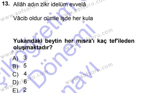 Eski Türk Edebiyatına Giriş: Biçim ve Ölçü Dersi 2012 - 2013 Yılı (Final) Dönem Sonu Sınavı 13. Soru