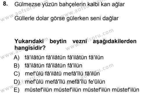 Eski Türk Edebiyatına Giriş: Biçim ve Ölçü Dersi 2012 - 2013 Yılı (Final) Dönem Sonu Sınavı 8. Soru