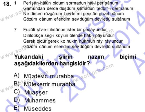 Eski Türk Edebiyatına Giriş: Biçim ve Ölçü Dersi 2013 - 2014 Yılı (Vize) Ara Sınavı 18. Soru