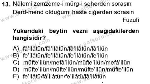 Eski Türk Edebiyatına Giriş: Biçim ve Ölçü Dersi 2013 - 2014 Yılı (Final) Dönem Sonu Sınavı 13. Soru