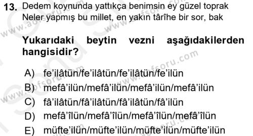 Eski Türk Edebiyatına Giriş: Biçim ve Ölçü Dersi 2016 - 2017 Yılı (Final) Dönem Sonu Sınavı 13. Soru