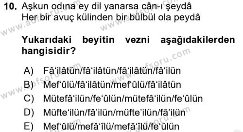 Eski Türk Edebiyatına Giriş: Biçim ve Ölçü Dersi 2017 - 2018 Yılı (Final) Dönem Sonu Sınavı 10. Soru