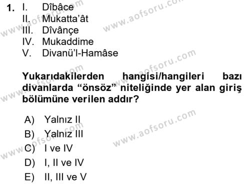 Eski Türk Edebiyatına Giriş: Biçim ve Ölçü Dersi 2022 - 2023 Yılı (Vize) Ara Sınavı 1. Soru