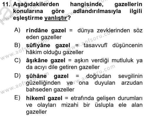Eski Türk Edebiyatına Giriş: Biçim ve Ölçü Dersi 2022 - 2023 Yılı (Vize) Ara Sınavı 11. Soru