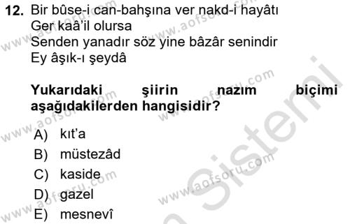 Eski Türk Edebiyatına Giriş: Biçim ve Ölçü Dersi 2022 - 2023 Yılı (Vize) Ara Sınavı 12. Soru