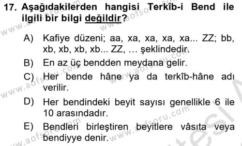 Eski Türk Edebiyatına Giriş: Biçim ve Ölçü Dersi 2022 - 2023 Yılı (Vize) Ara Sınavı 17. Soru