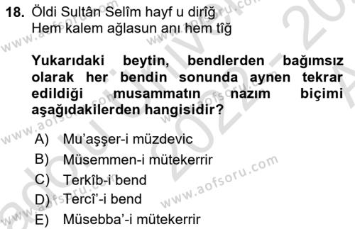 Eski Türk Edebiyatına Giriş: Biçim ve Ölçü Dersi 2022 - 2023 Yılı (Vize) Ara Sınavı 18. Soru