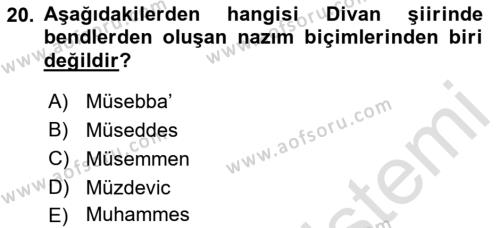 Eski Türk Edebiyatına Giriş: Biçim ve Ölçü Dersi 2022 - 2023 Yılı (Vize) Ara Sınavı 20. Soru