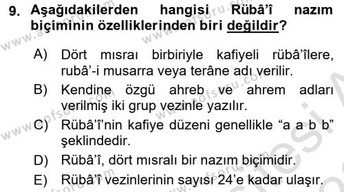 Eski Türk Edebiyatına Giriş: Biçim ve Ölçü Dersi 2022 - 2023 Yılı (Vize) Ara Sınavı 9. Soru