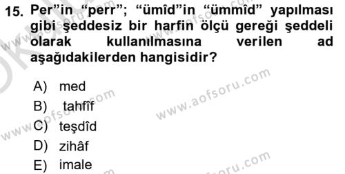 Eski Türk Edebiyatına Giriş: Biçim ve Ölçü Dersi 2022 - 2023 Yılı Yaz Okulu Sınavı 15. Soru