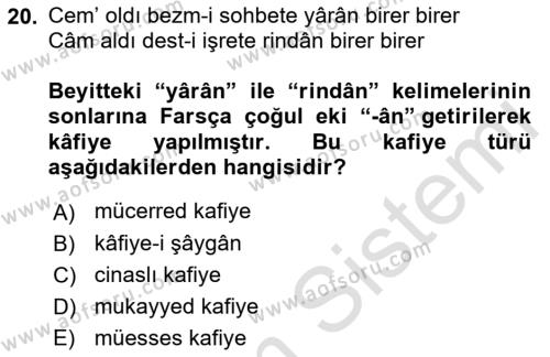 Eski Türk Edebiyatına Giriş: Biçim ve Ölçü Dersi 2022 - 2023 Yılı Yaz Okulu Sınavı 20. Soru