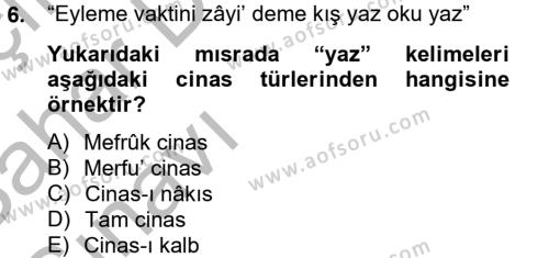 Eski Türk Edebiyatına Giriş: Söz Sanatları Dersi 2012 - 2013 Yılı (Vize) Ara Sınavı 6. Soru