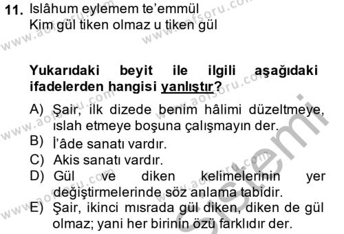 Eski Türk Edebiyatına Giriş: Söz Sanatları Dersi 2013 - 2014 Yılı (Final) Dönem Sonu Sınavı 11. Soru