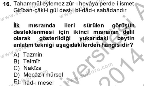 Eski Türk Edebiyatına Giriş: Söz Sanatları Dersi 2013 - 2014 Yılı (Final) Dönem Sonu Sınavı 16. Soru