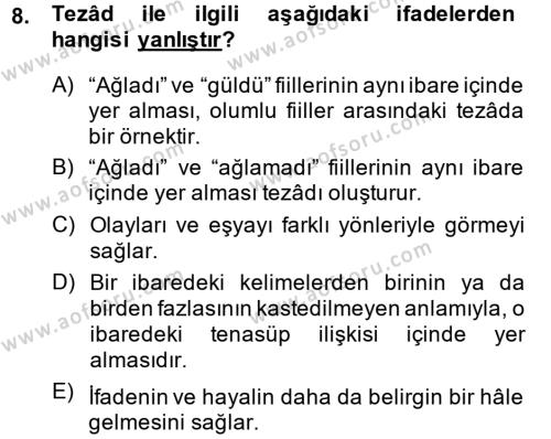 Eski Türk Edebiyatına Giriş: Söz Sanatları Dersi 2013 - 2014 Yılı (Final) Dönem Sonu Sınavı 8. Soru
