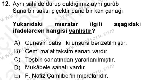 Eski Türk Edebiyatına Giriş: Söz Sanatları Dersi 2015 - 2016 Yılı (Vize) Ara Sınavı 12. Soru