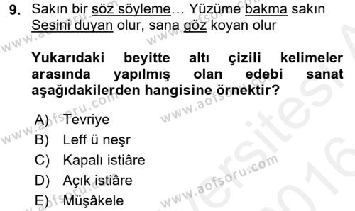 Eski Türk Edebiyatına Giriş: Söz Sanatları Dersi 2015 - 2016 Yılı (Vize) Ara Sınavı 9. Soru