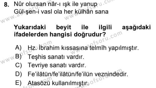 Eski Türk Edebiyatına Giriş: Söz Sanatları Dersi 2015 - 2016 Yılı (Final) Dönem Sonu Sınavı 8. Soru