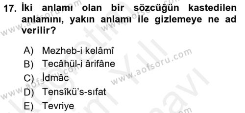 Eski Türk Edebiyatına Giriş: Söz Sanatları Dersi 2017 - 2018 Yılı (Vize) Ara Sınavı 17. Soru