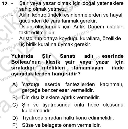 Batı Edebiyatında Akımlar 1 Dersi 2017 - 2018 Yılı (Vize) Ara Sınavı 12. Soru