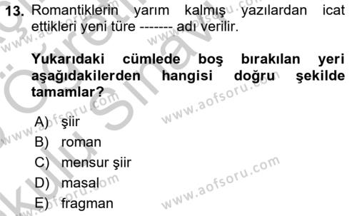 Batı Edebiyatında Akımlar 1 Dersi 2018 - 2019 Yılı Yaz Okulu Sınavı 13. Soru